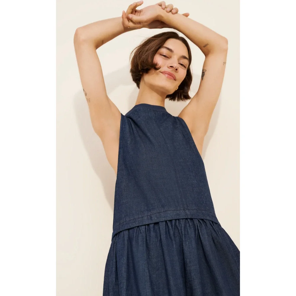 NEW FREE PEOPLE DARK WASH SORAYA DENIM MIDI DRESS SZ S